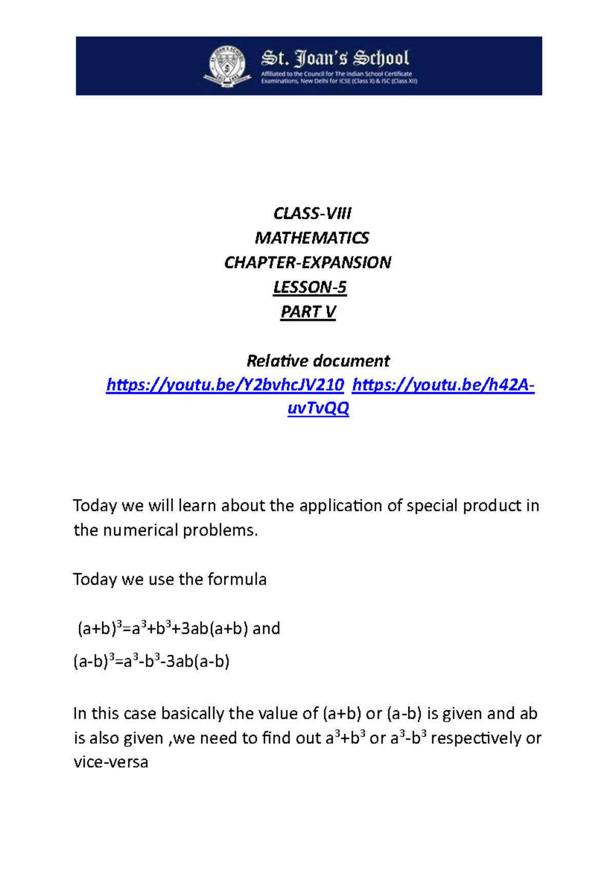 Class 8 Mathematics Lesson 5: Special Products & Applications - Studocu