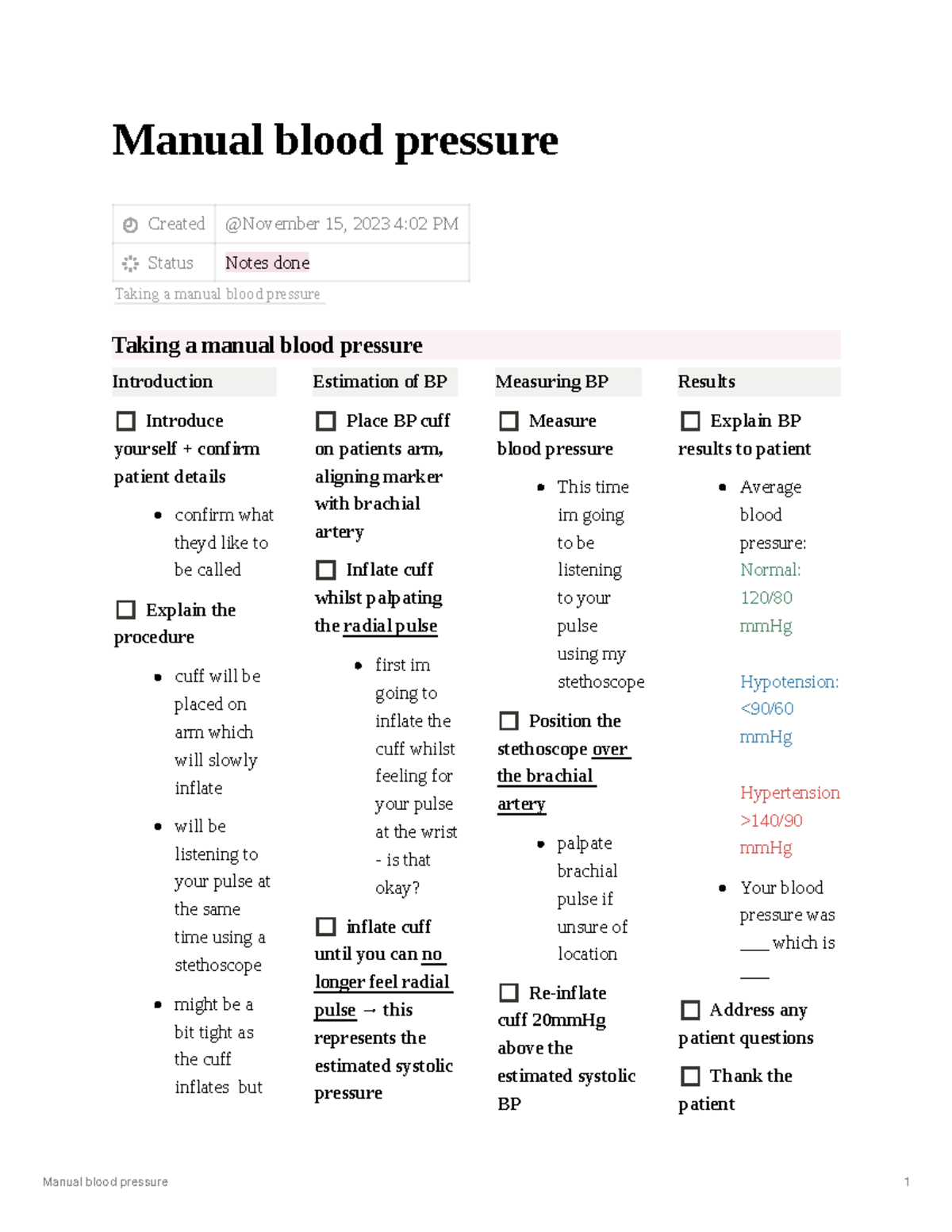 Manual Blood Pressure checklist - Manual blood pressure 1 Manual blood ...