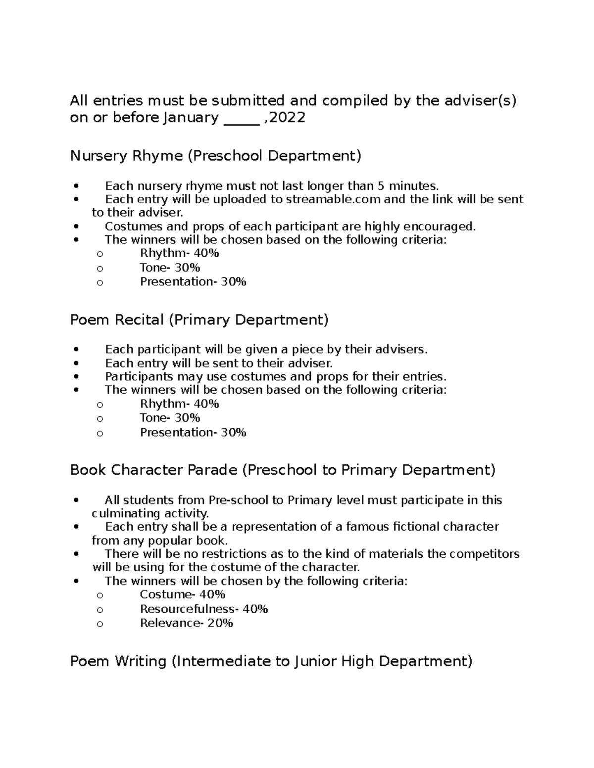Eng-Activity List: Nursery, Poem, Declamation & Essay Contests - Studocu