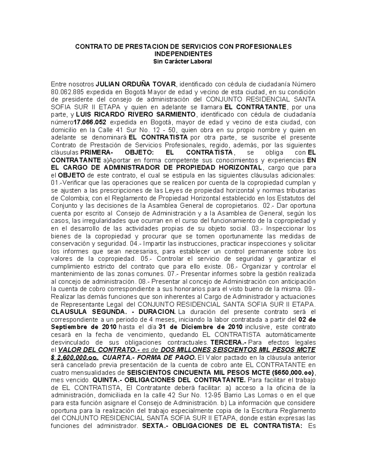 Contrato de Prestación de Servicios Profesionales - Administrador - Document Preview