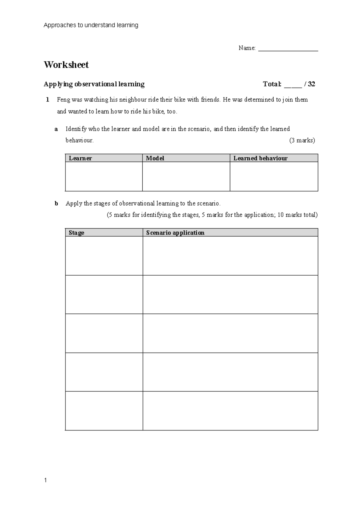 Worksheet Applying observational learning - Name ...