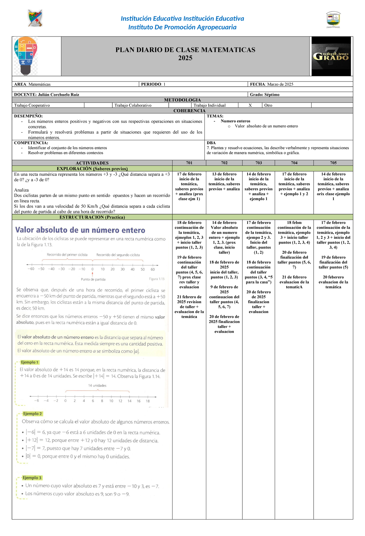 Plan diario de clase Matematicas Septimo 3 Marzo - Institución ...