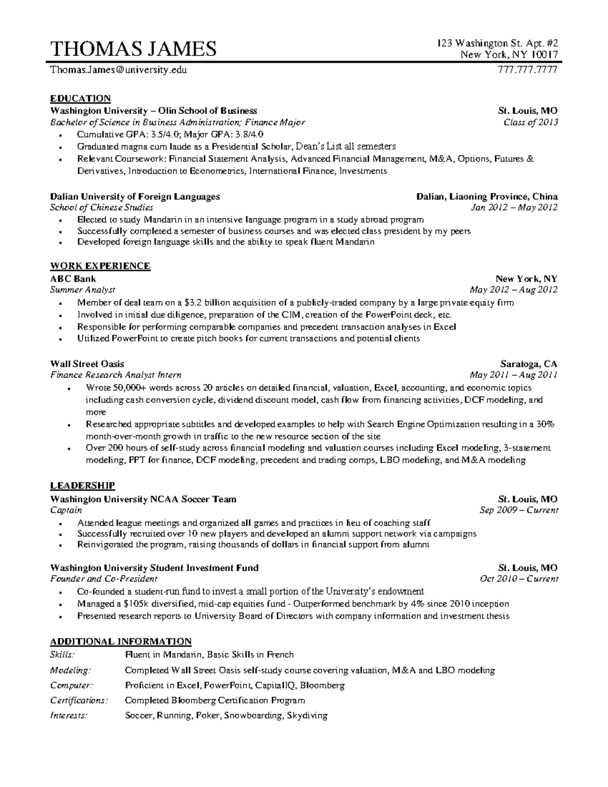 WSO IB Resume Template - tfefvefhefb - THOMAS JAMES 123 Washington St ...