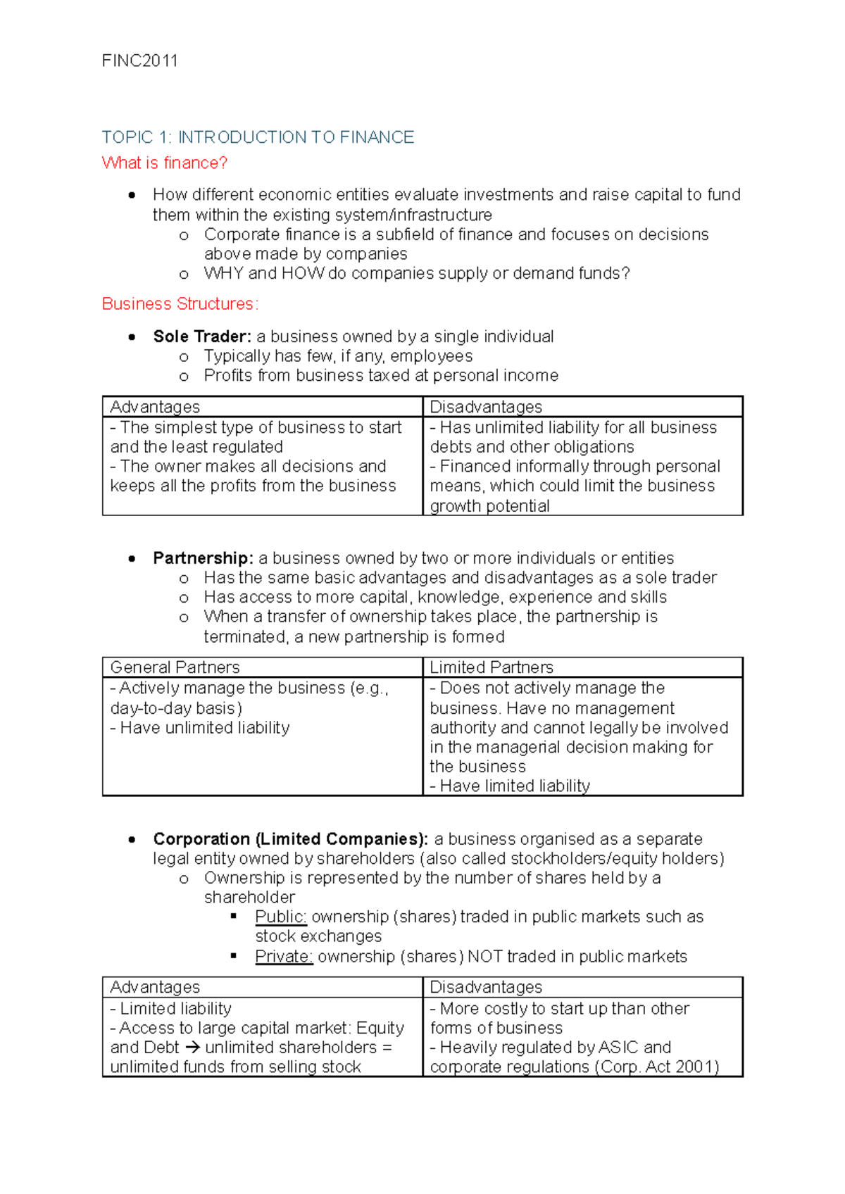 FINC2011 Notes - FINC TOPIC 1: INTRODUCTION TO FINANCE What is finance ...