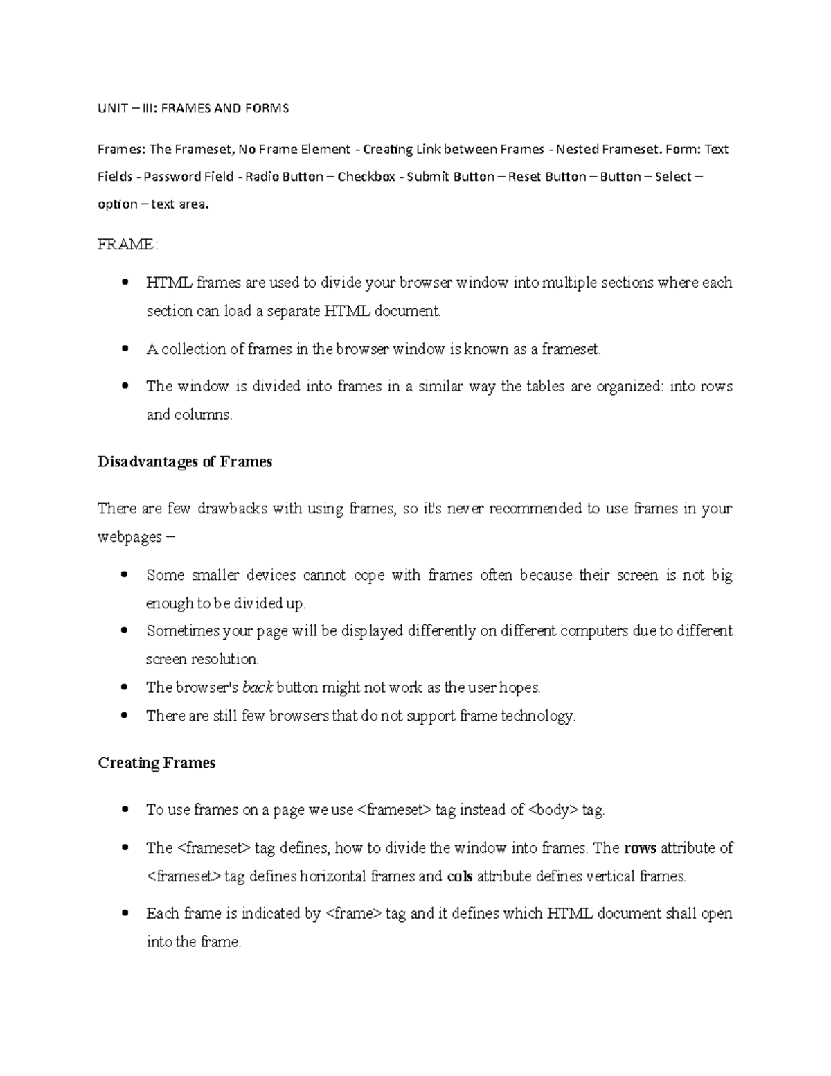 UNIT-III - Notes - UNIT – III: FRAMES AND FORMS Frames: The Frameset ...