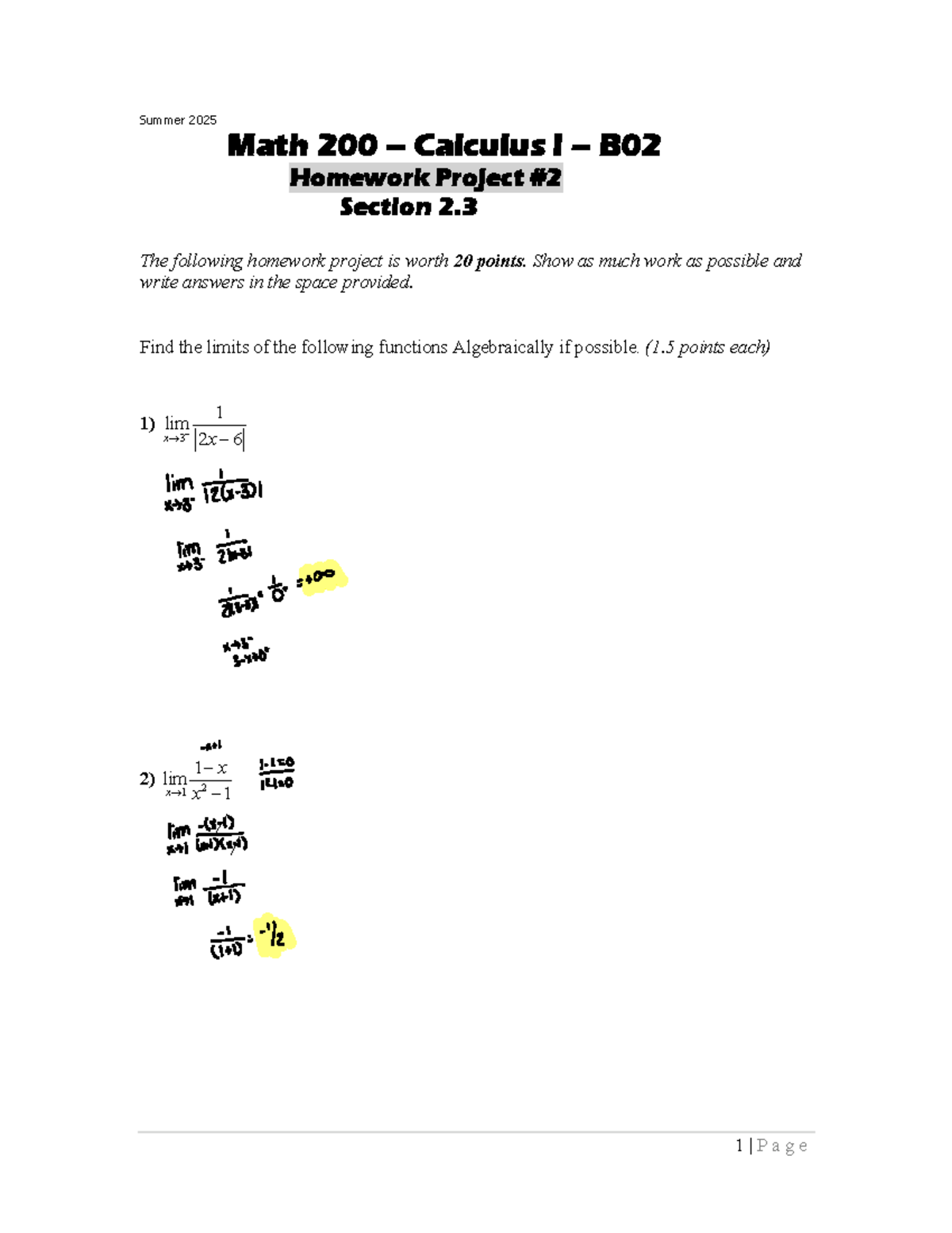 Summer 2025 Math 200 Calculus I B02 Homework Project: Limits in Section ...