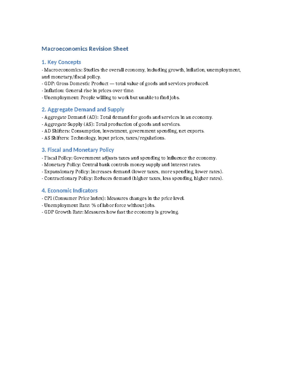 Macroeconomics Revision Sheet: Key Concepts & Policies Overview - Studocu
