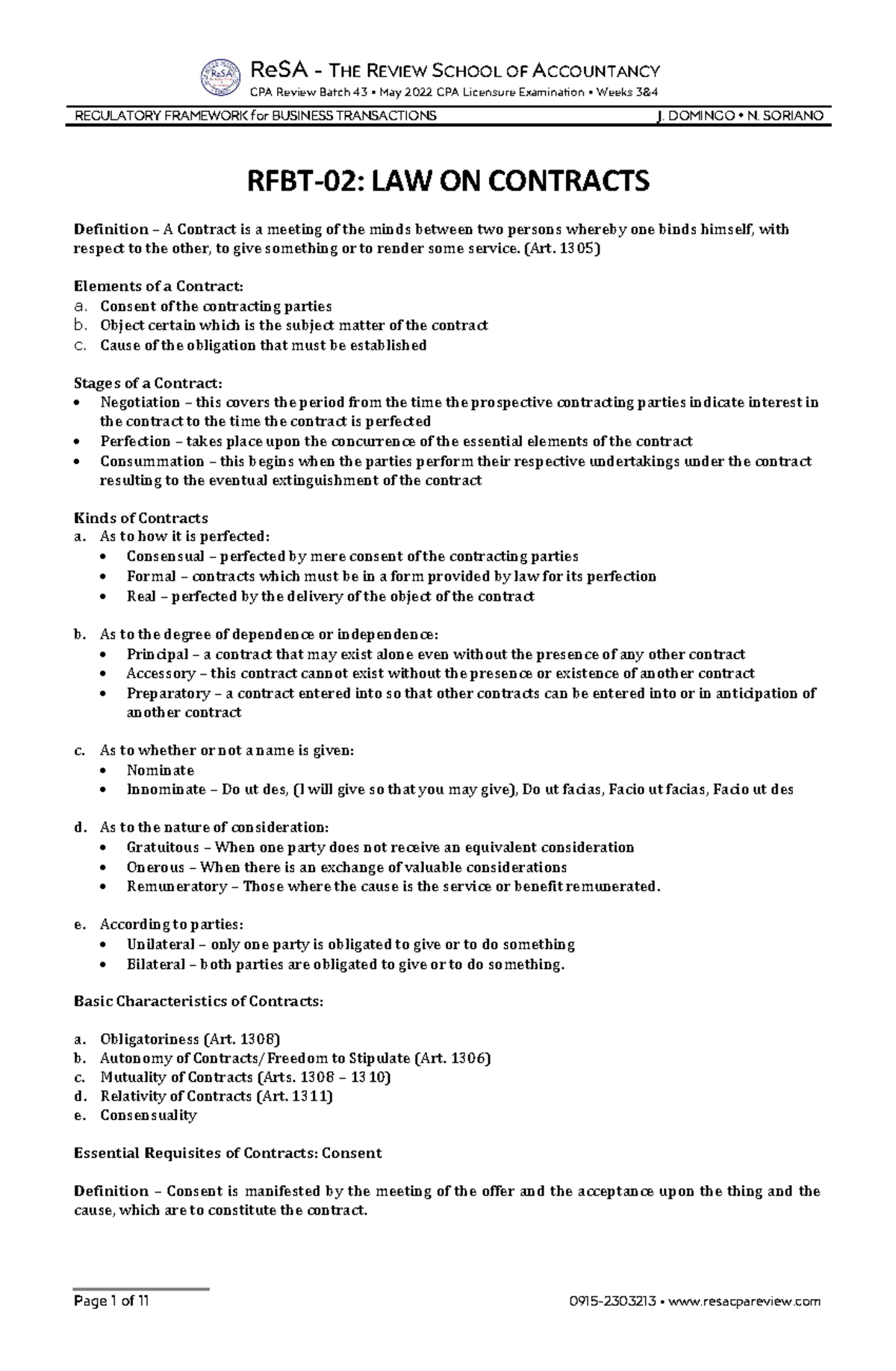 RFBT 02 LAW on CONTRACTS - Comprehensive Review Notes - Studocu
