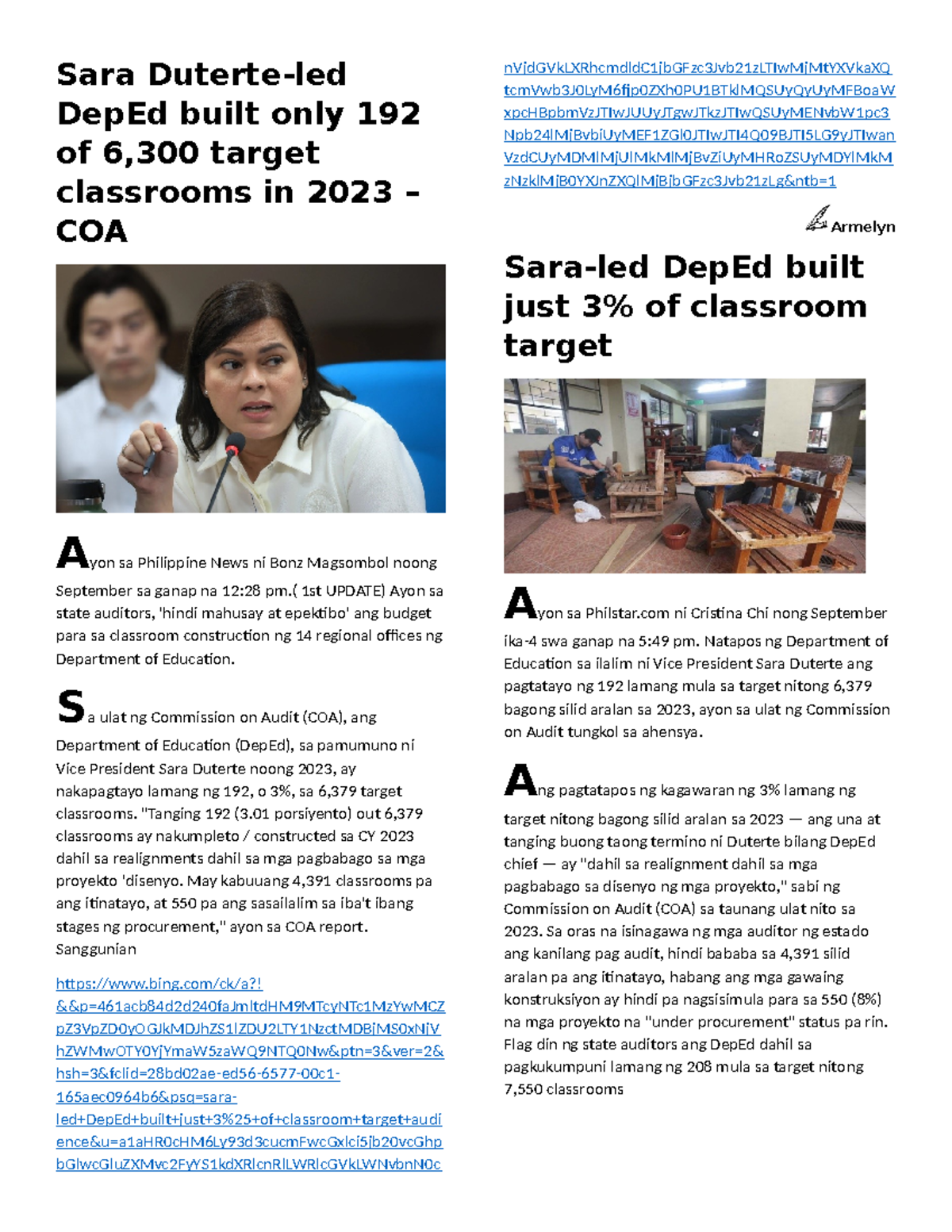 Sara Duterte's DepEd: Classroom Construction Report (2023) - Studocu
