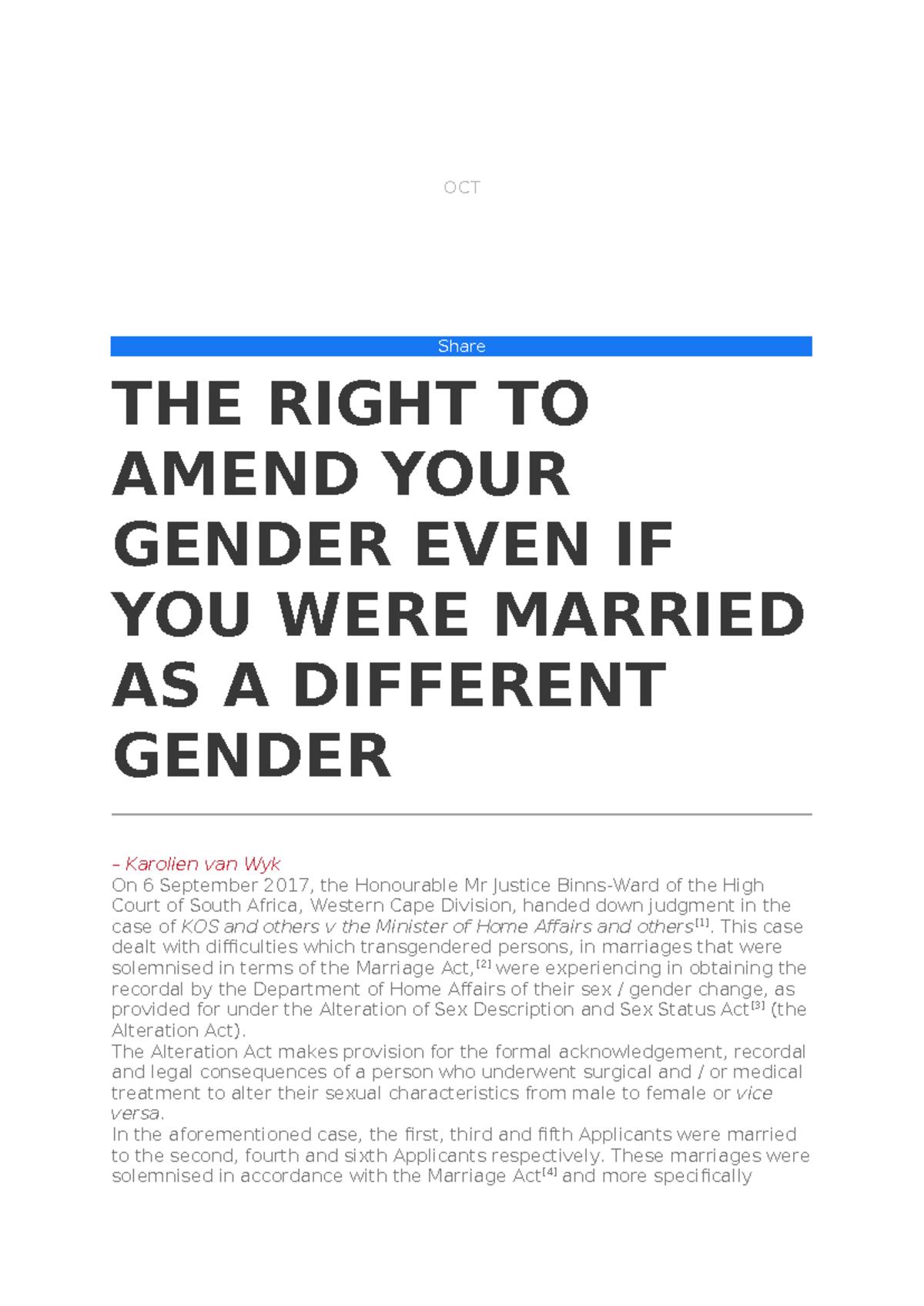 KOS Case 2: Summary of Gender Amendment Rights in SA Law - Studocu