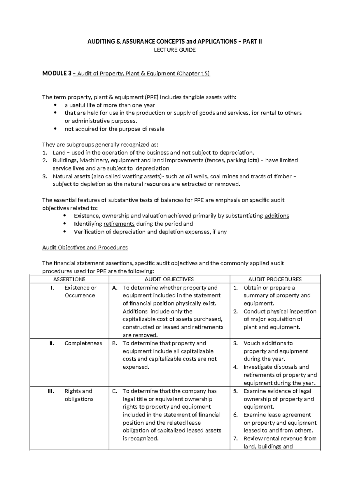 Module 3 A - Auditing Property, Plant, and Equipment (PPE) Notes - Studocu