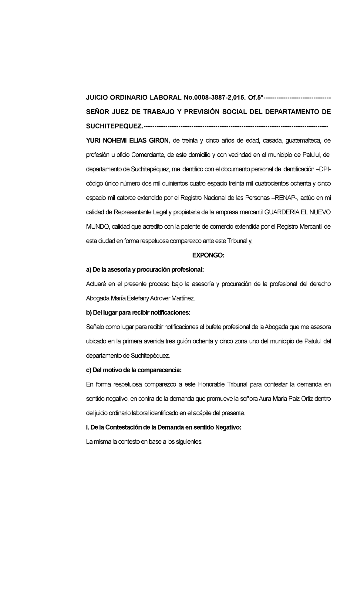 Contestación a la Demanda en Juicio Ordinario Laboral No. 0008-3887-2015 - Document Preview