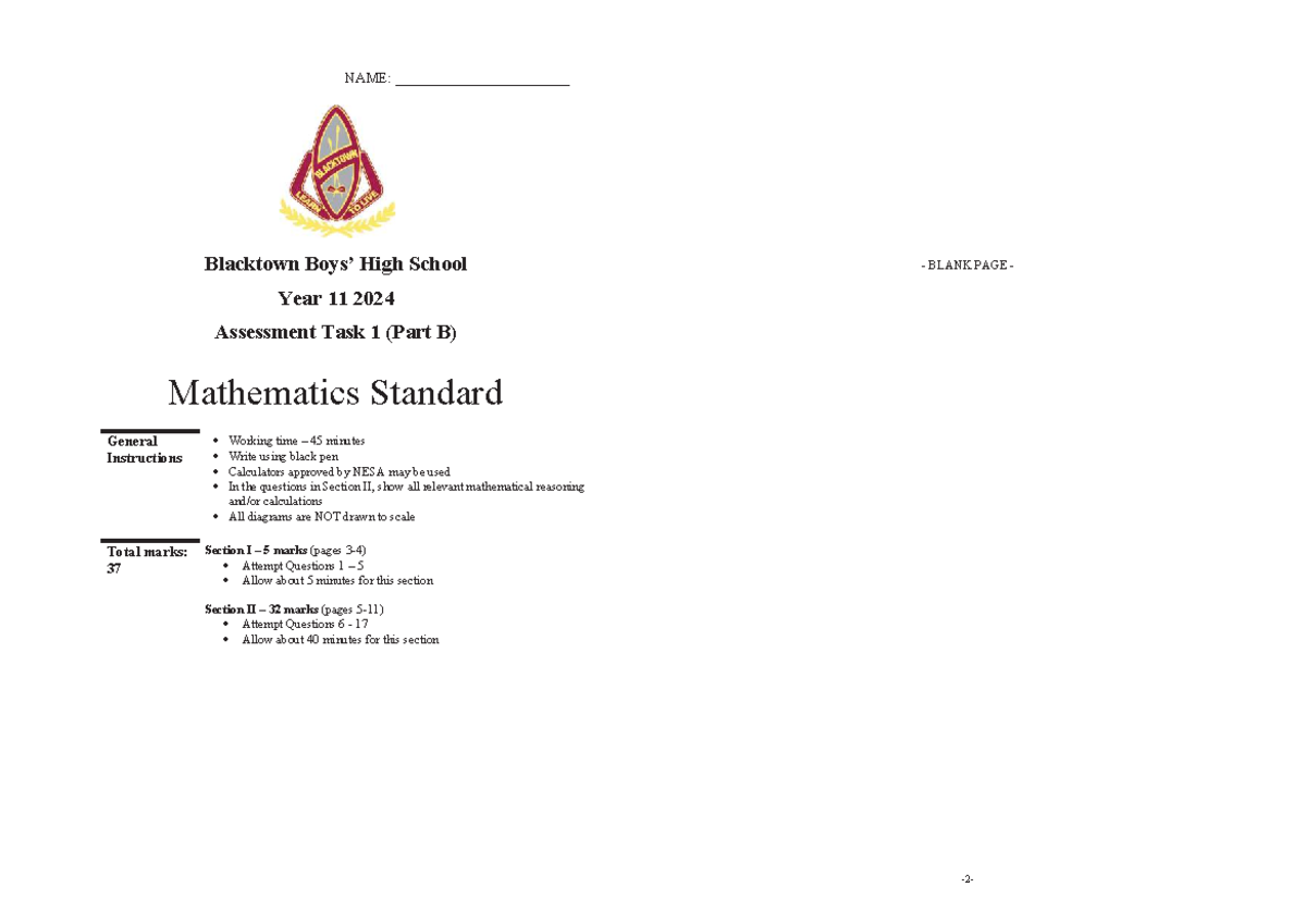 Mathematics Standard Year 11 Assessment Task 1 (Part B) 2024 - Studocu