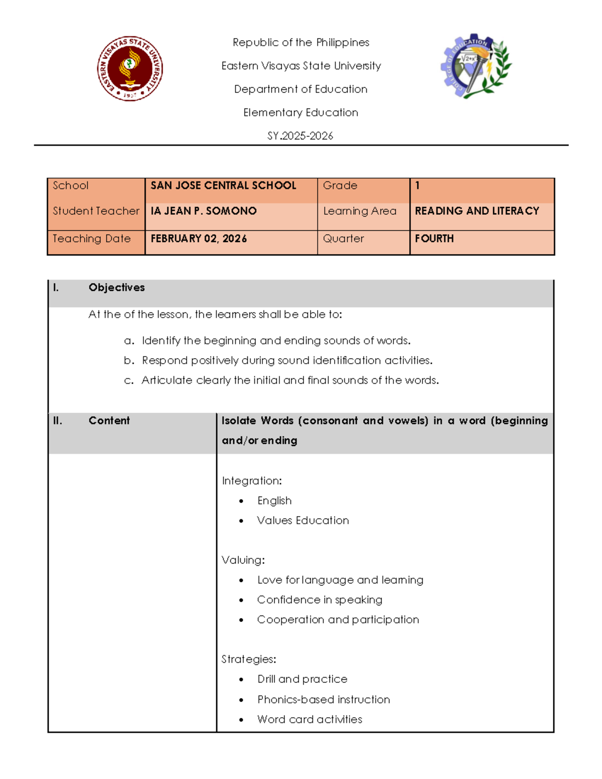 LP Reading and Literacy Lesson Plan for Grade 1 - Feb 2026 - Studocu
