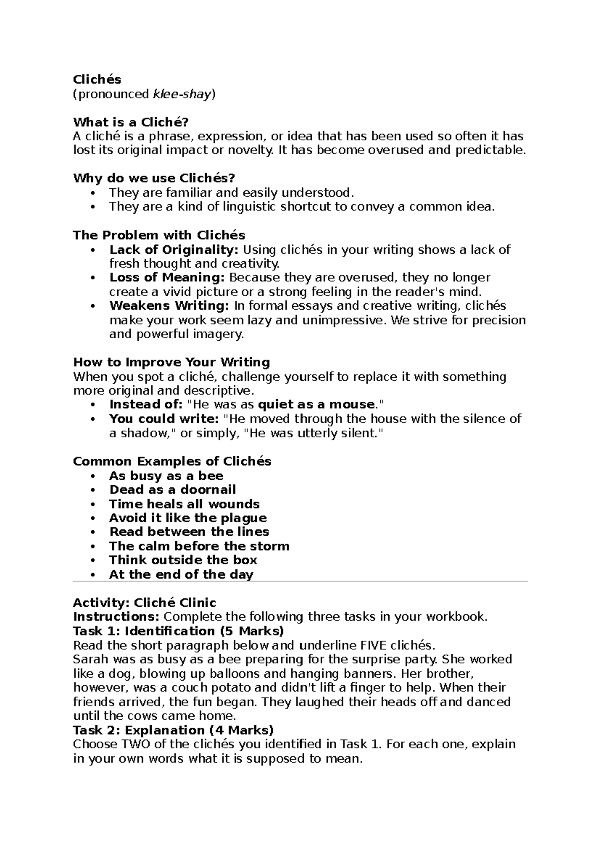 Clichés - Practice Teaching Resources: Cliché Clinic Activities - Studocu
