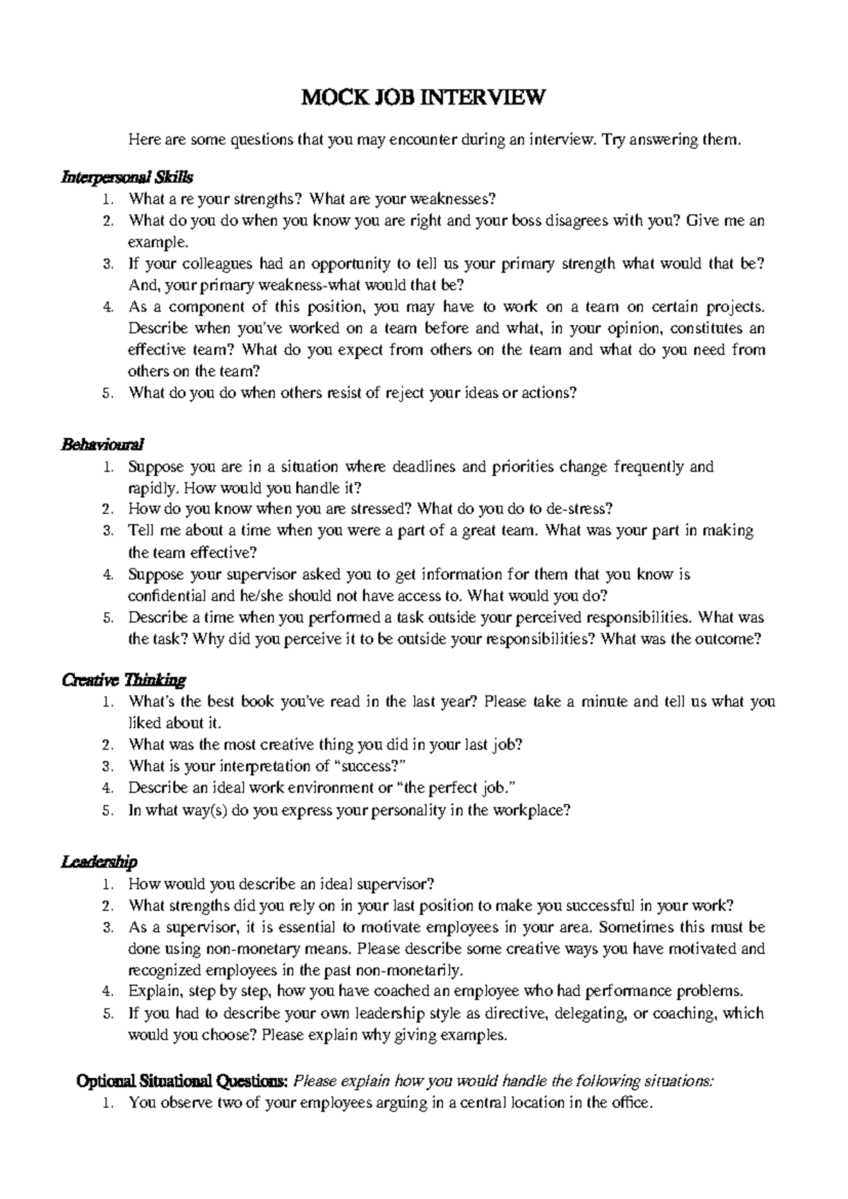 MOCK JOB INTERVIEW QUESTIONS: Tips for Success - Studocu
