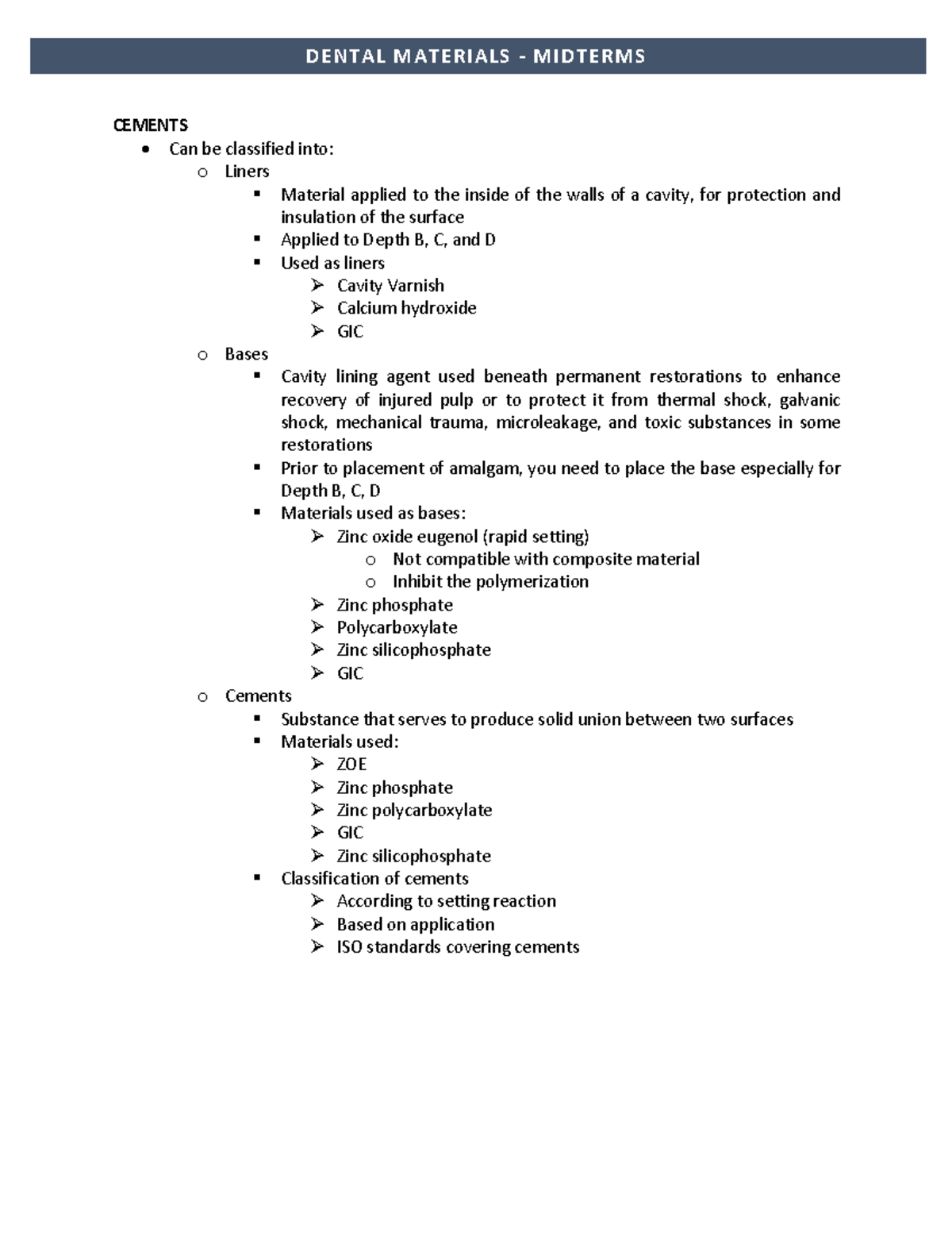 DENT MAT - Comprehensive Guide to Dental Material Cements - Studocu