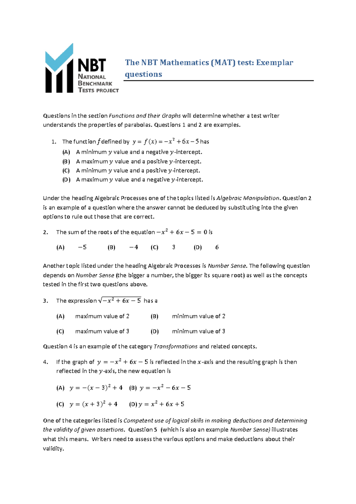 MAT Sample Questions for Functions, Algebra, and Trigonometry - Studocu