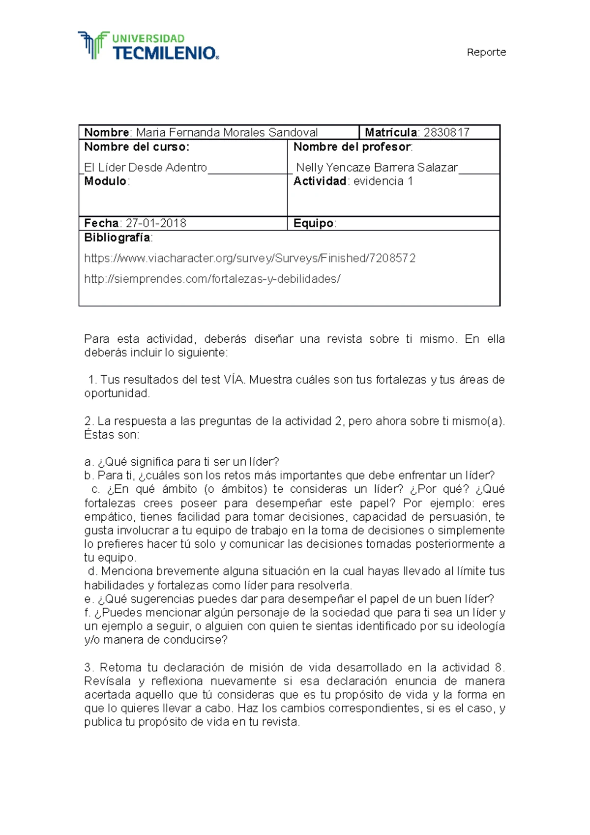 Actividad 3 El líder desde adentro - 1. Redacta un escrito donde des ...