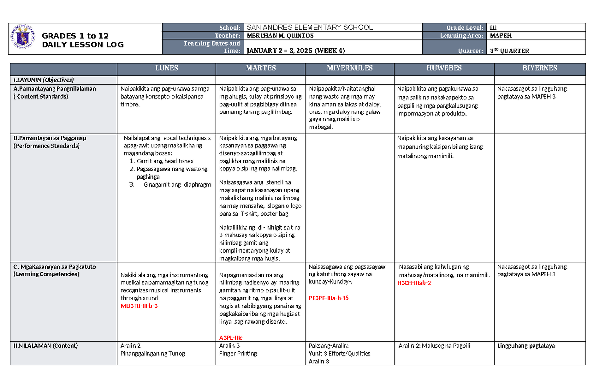 DLL Mapeh 3 Q3 W4 - GRADES 1 to 12 DAILY LESSON LOG School: SAN ANDRES ...
