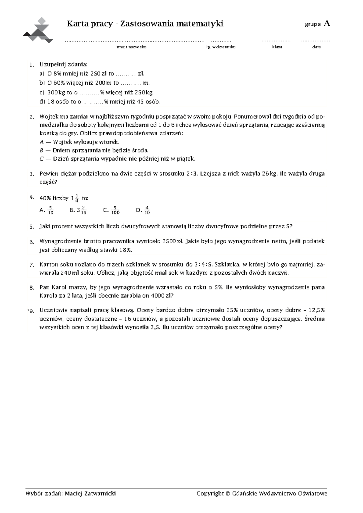 Zastosowania Matematyki Karta Pracy Klasa 8 - Grupa A do J - Studocu