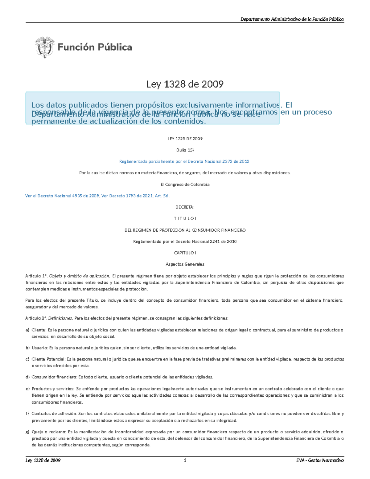 Ley 1328 de 2009: Protección al Consumidor Financiero en Colombia - Studocu