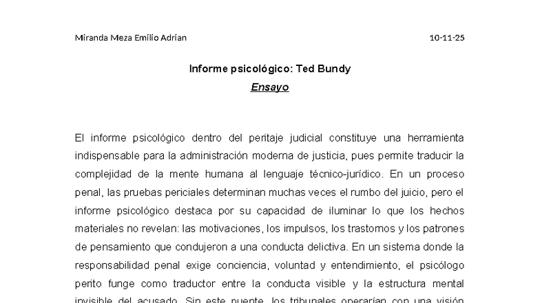 Informe Psicológico sobre Ted Bundy: Tarea 2, U8 - Psicología Jurídica ...