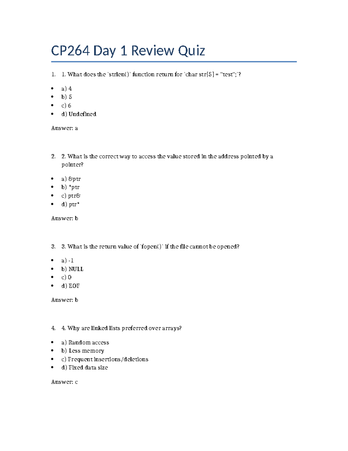 CP264 Day 1 Review Quiz - Key Concepts and Answers - Studocu