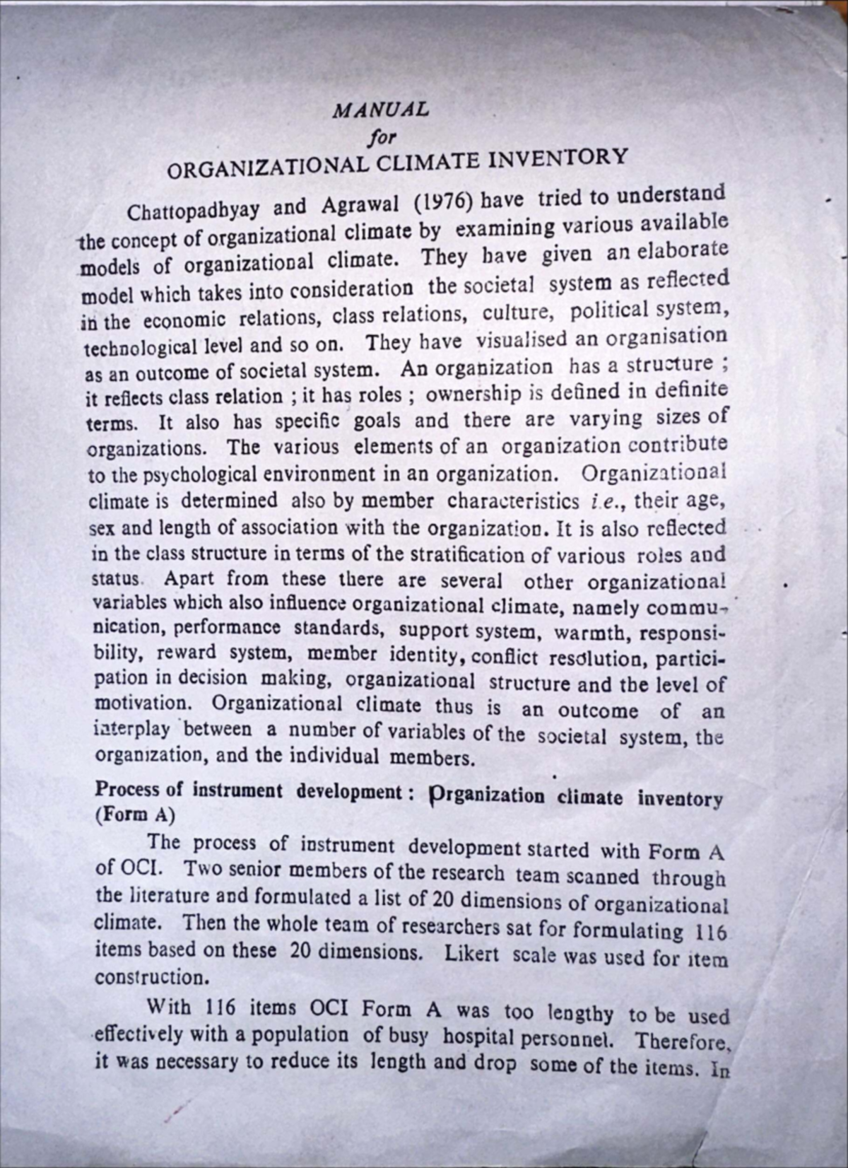 Organizational climate inventory: Manual and application of OCI Form B ...