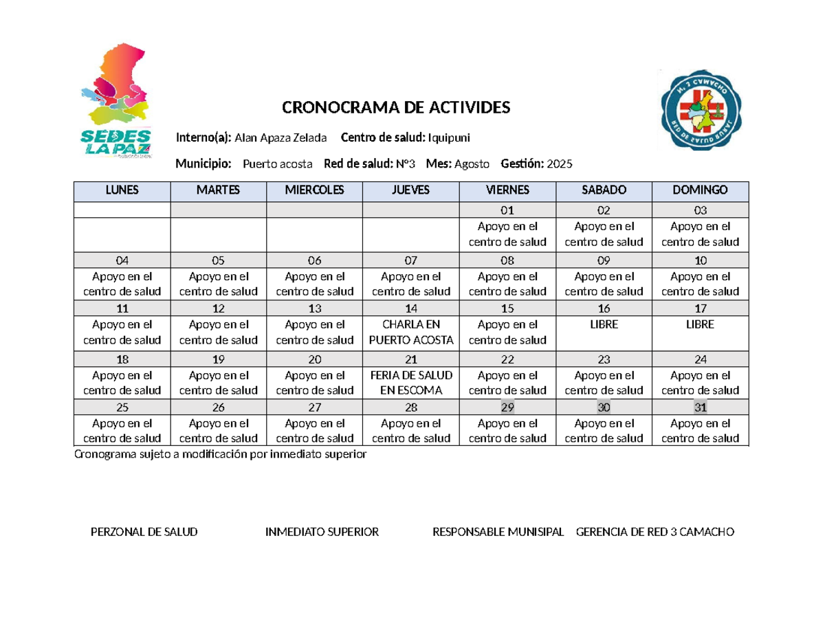 Cronograma de Actividades - Centro de Salud Iquipuni 2025 - Studocu