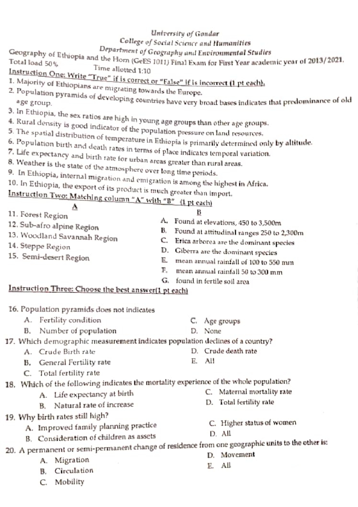 Gonder University Geography Final Exam Review 2013 EC - Studocu