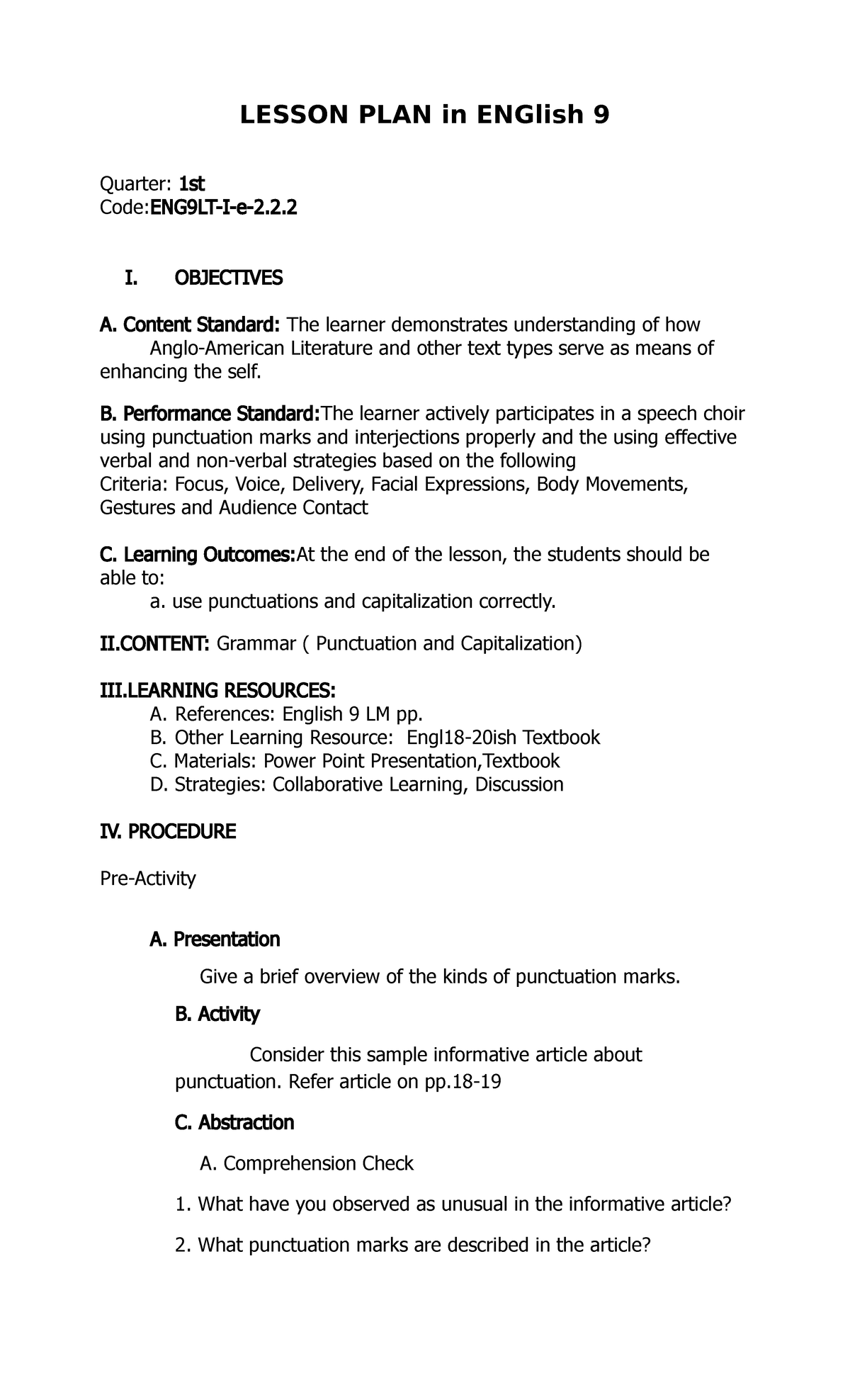 Inset- lesson plan Punctuation - LESSON PLAN in ENGlish 9 Quarter: 1 st ...