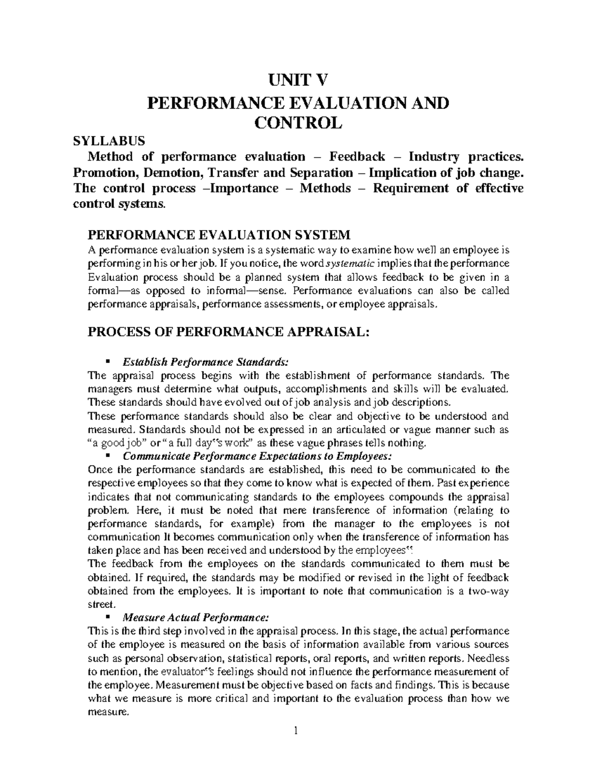 UNIT V - HRM - Performance Evaluation & Control Notes (PEC) - Studocu