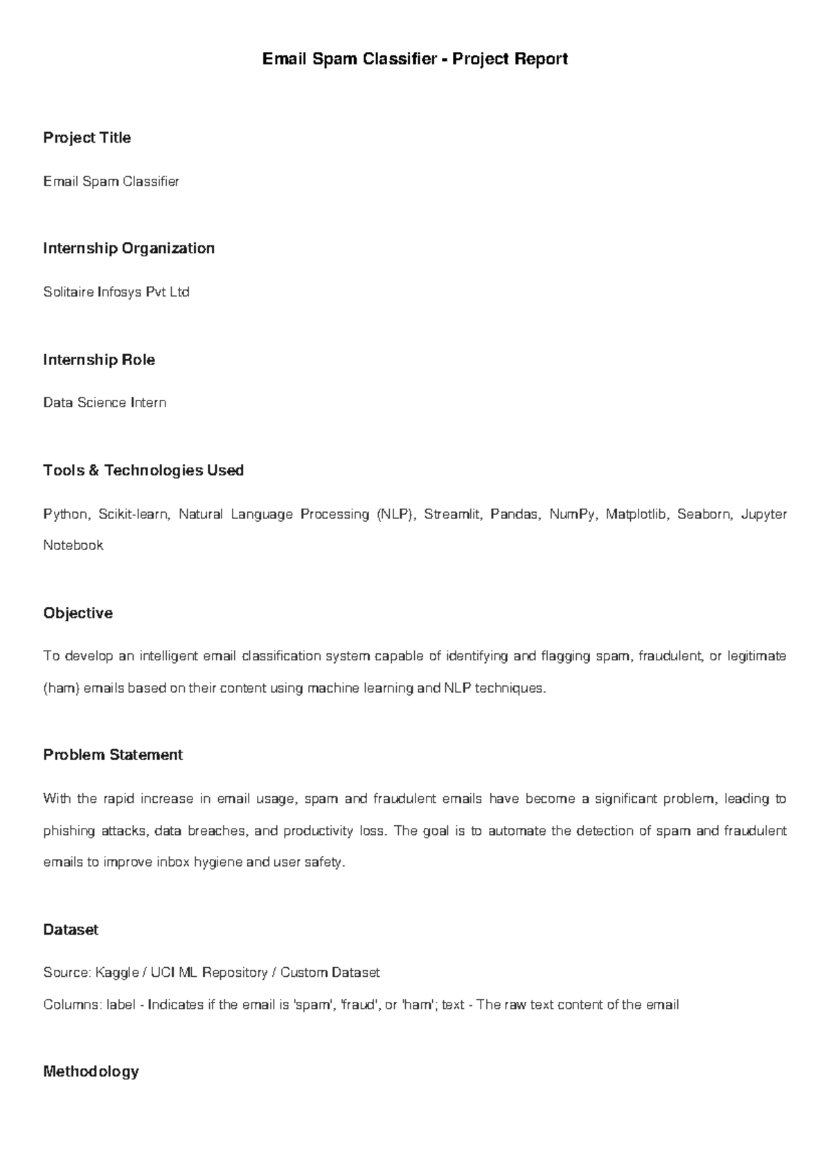 Email Spam Classifier Project Report - Data Science Internship - Studocu
