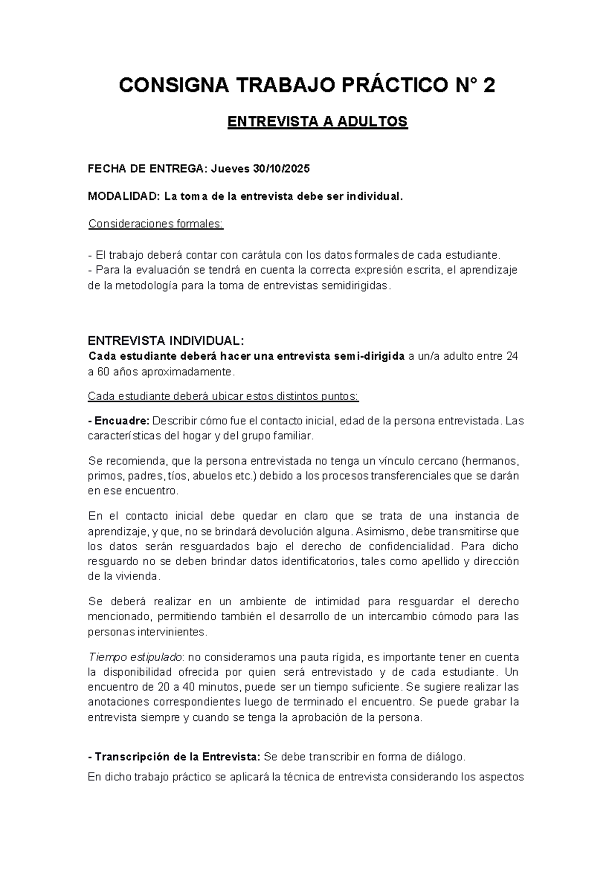 Consigna Trabajo Práctico N2: Entrevista a Adultos - Studocu