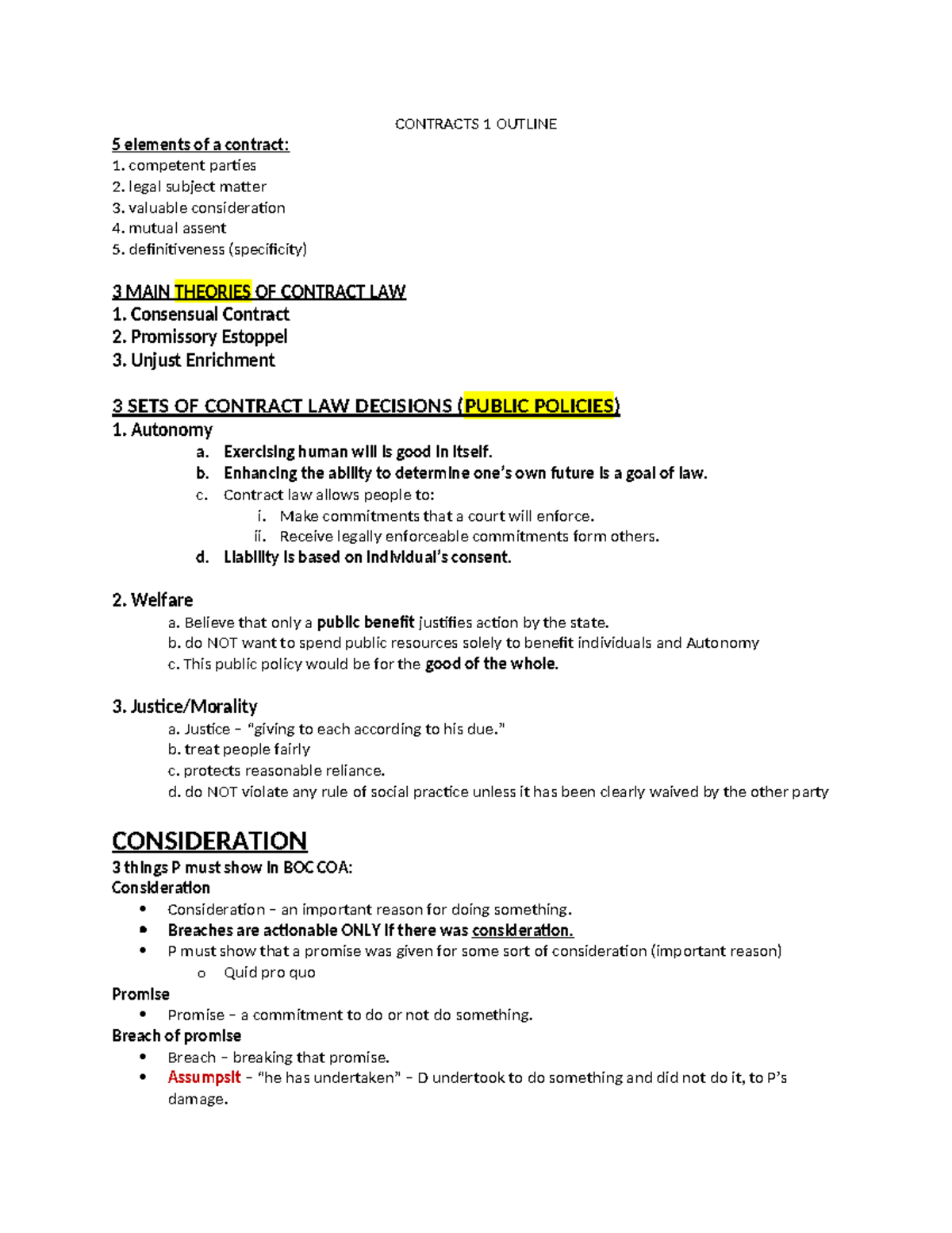 Contracts 1 outline: Key elements, theories, and case law analysis ...