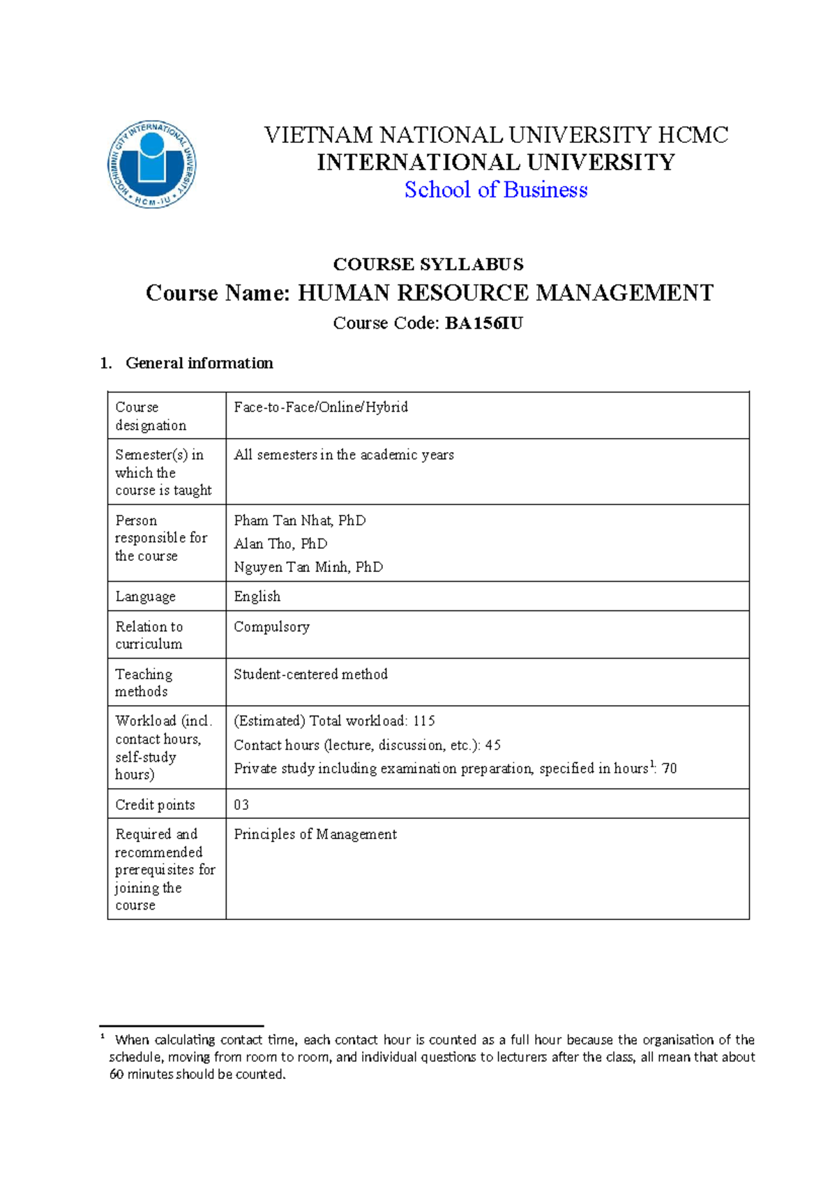 HRM - BA156IU Course Syllabus: Human Resource Management Overview - Studocu