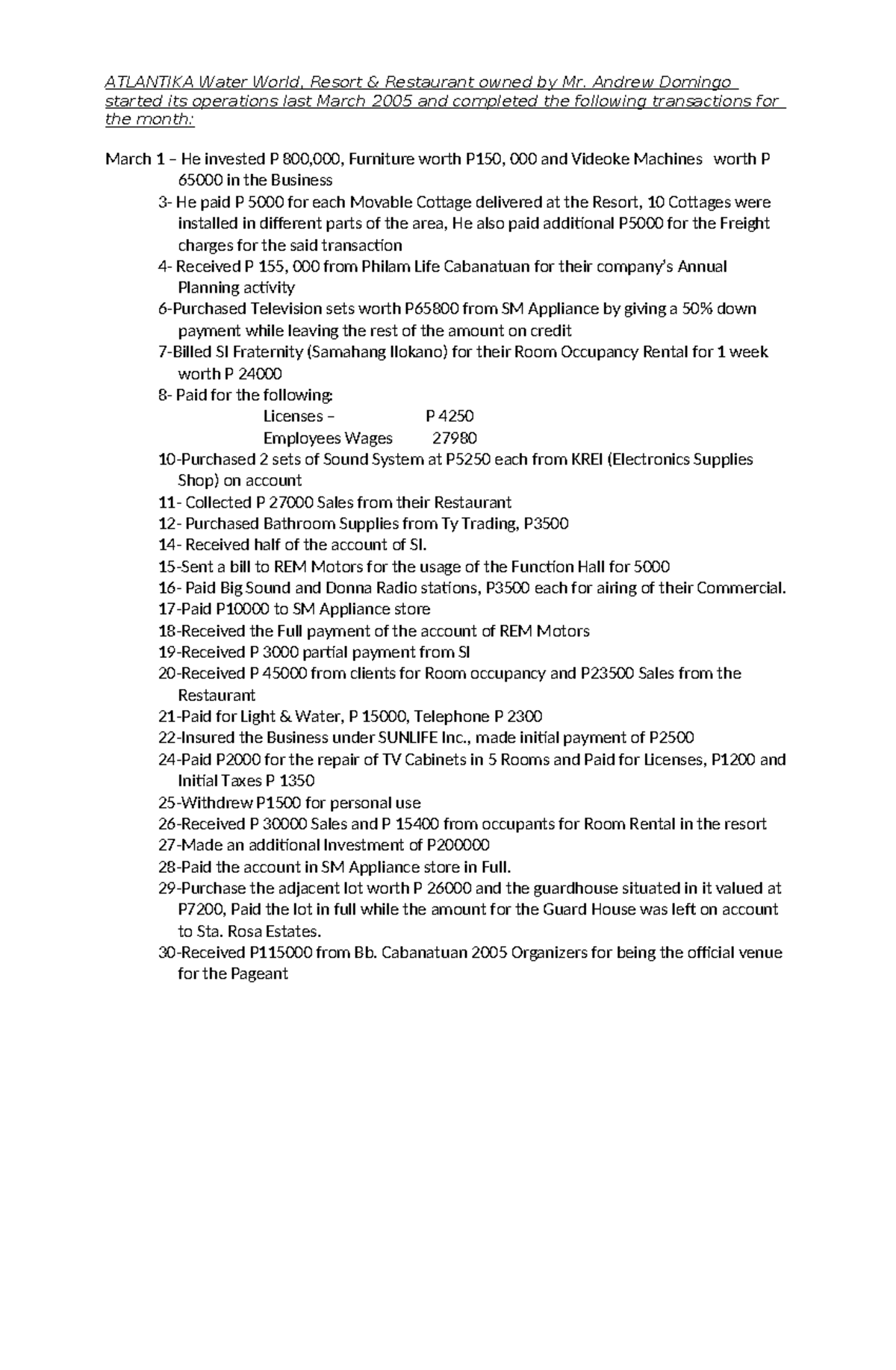 Acctg Exer 4: ATLANTIKA Water World Transactions Review - Studocu