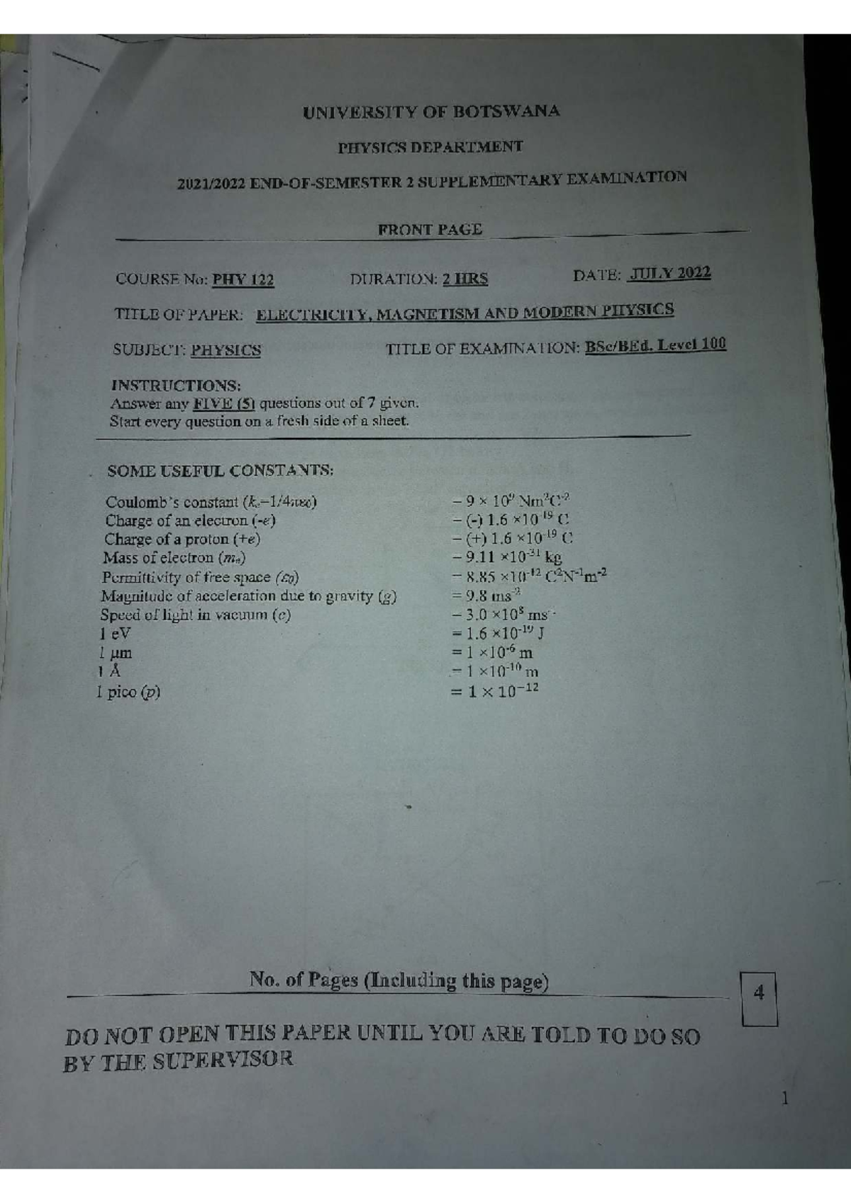 PHY 122 2022 SUPPLEMENTARY EXAM PRACTICE QUESTIONS - Studocu