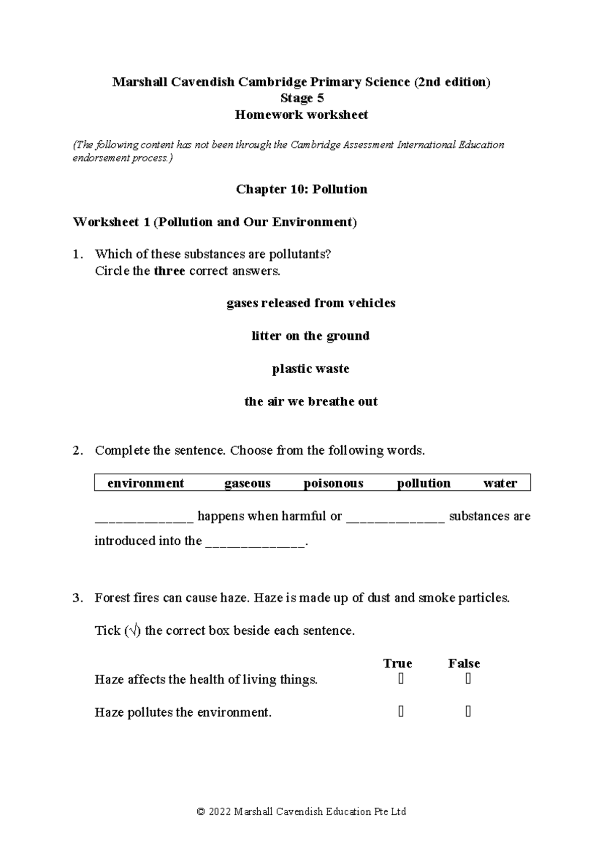 MCE Cambridge Primary Science 2E Stage 5 Homework: Chapter 10 Pollution ...