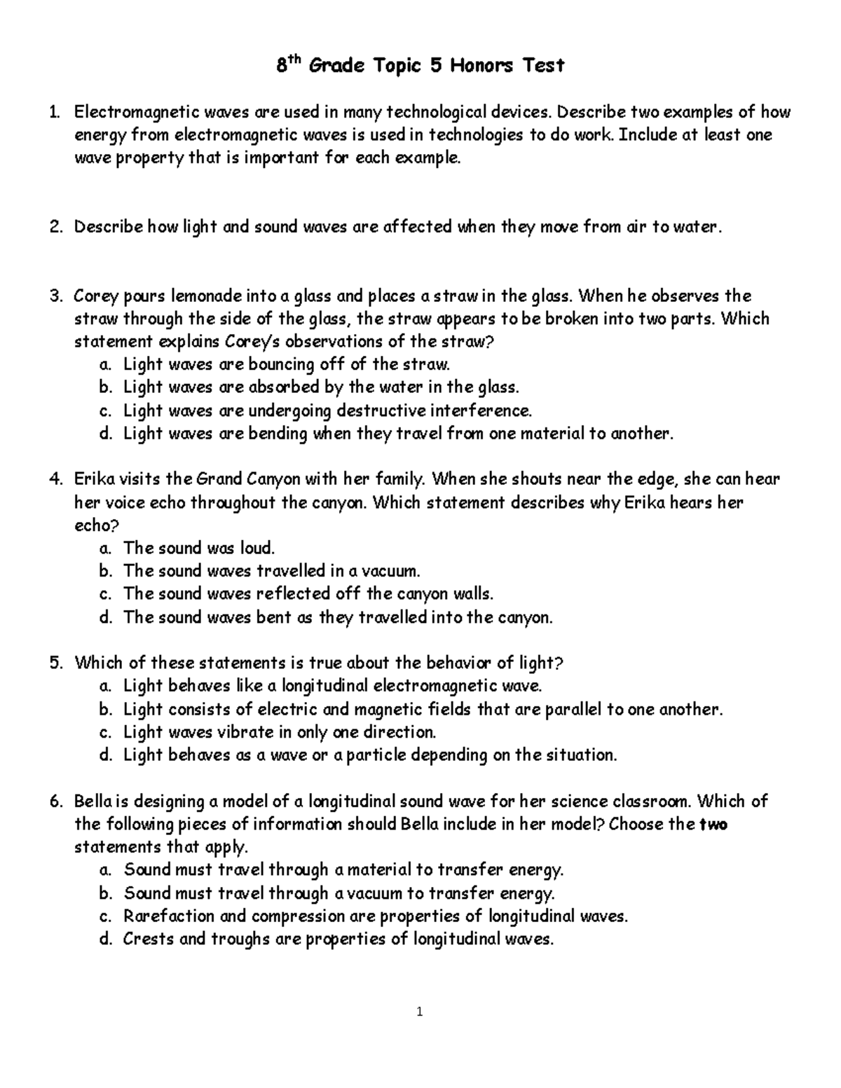 8th Grade Science Honors (SCI101): Wave Properties & Phenomena Test ...