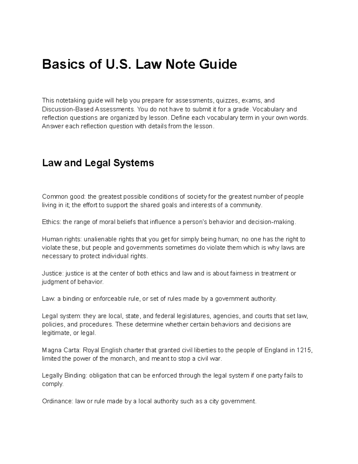 U.S. Law Basics: Comprehensive Study Notes & Prep Guide for Assessments ...