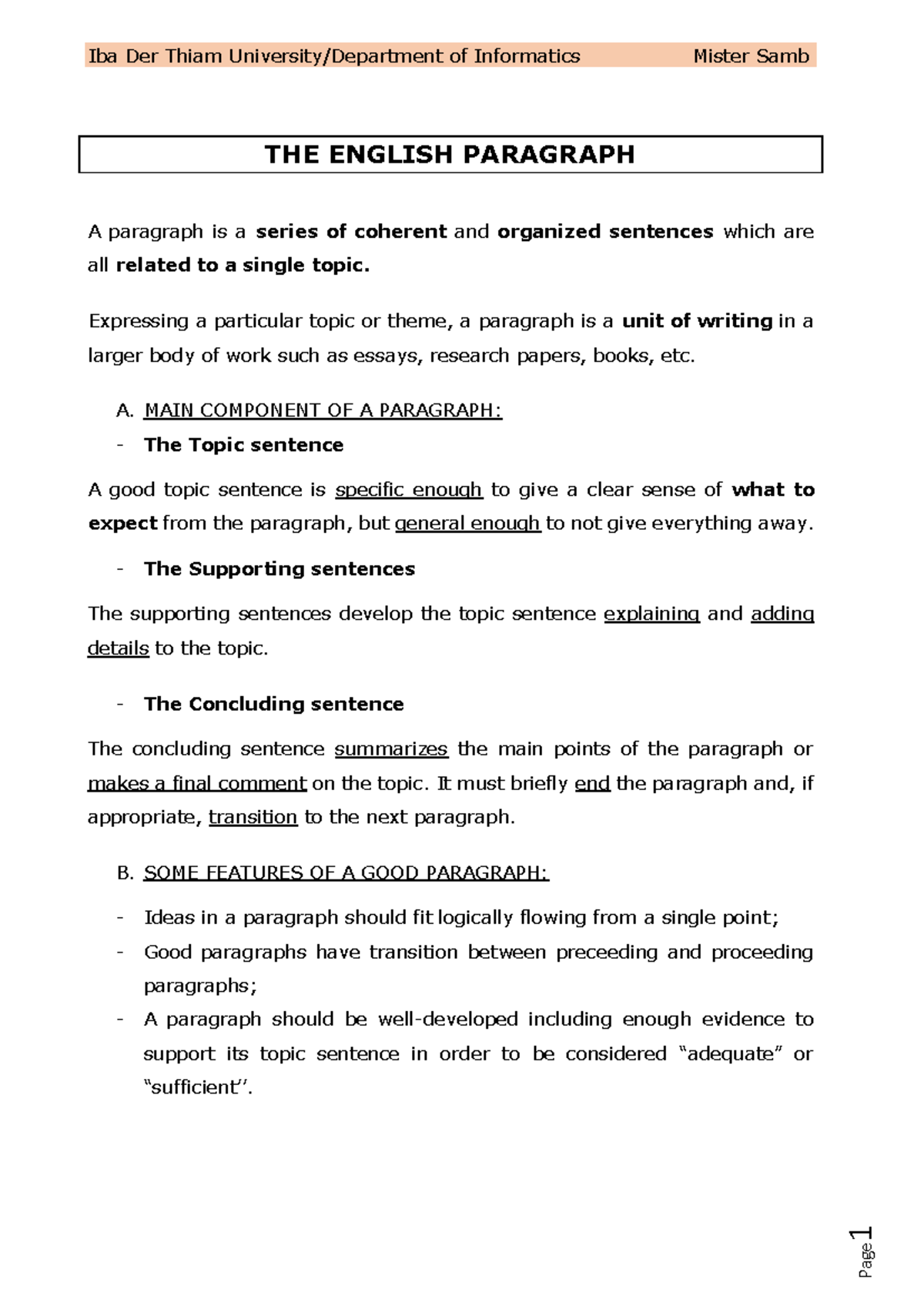 3.1 English Paragraph Structure - Lesson Notes - Studocu