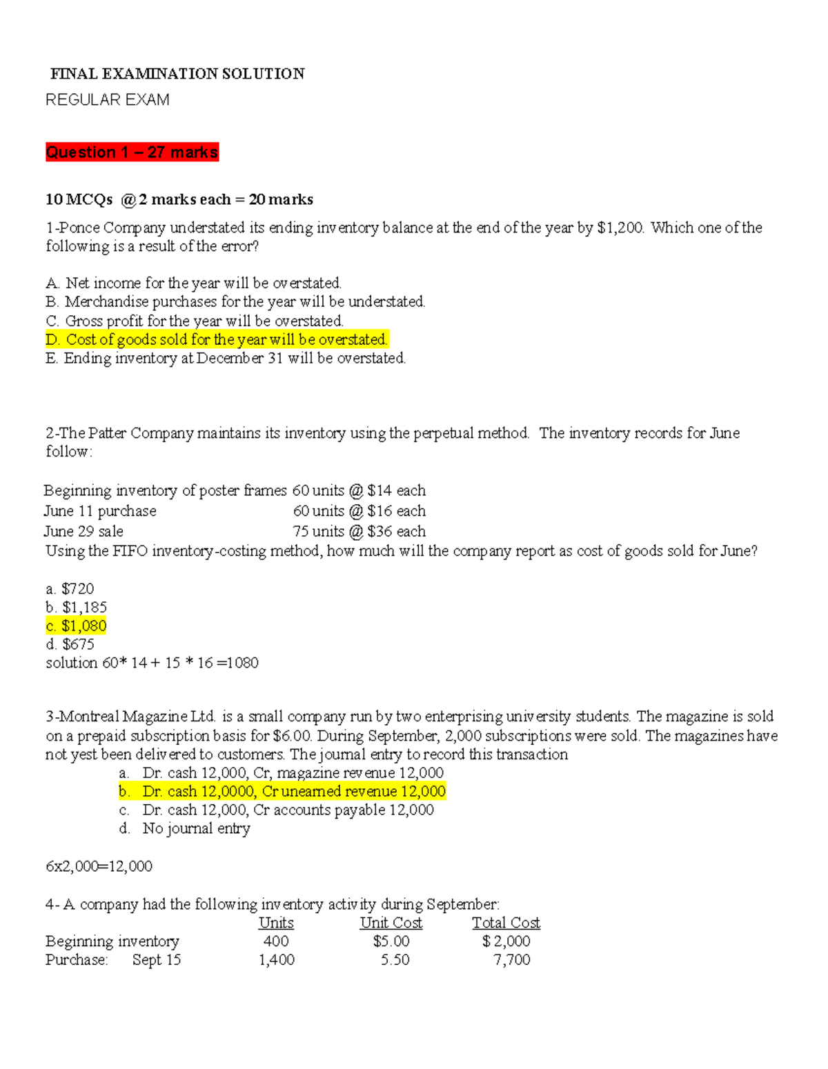 Solution 1-Regular Final exam ACCO230 FALL 2023 - FINAL EXAMINATION ...