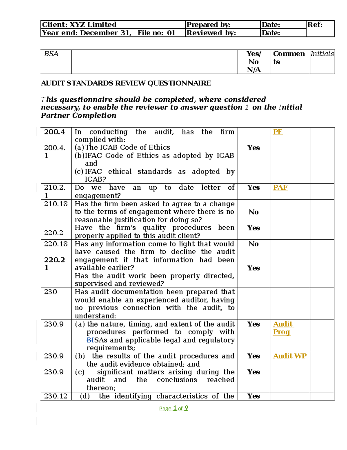 91343. B2. Audit Standards Review Questionnaire - Year end: December 31 ...