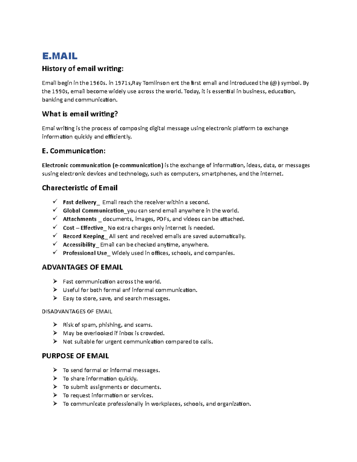 Email Writing - Notes on History, Characteristics, and Uses - Studocu