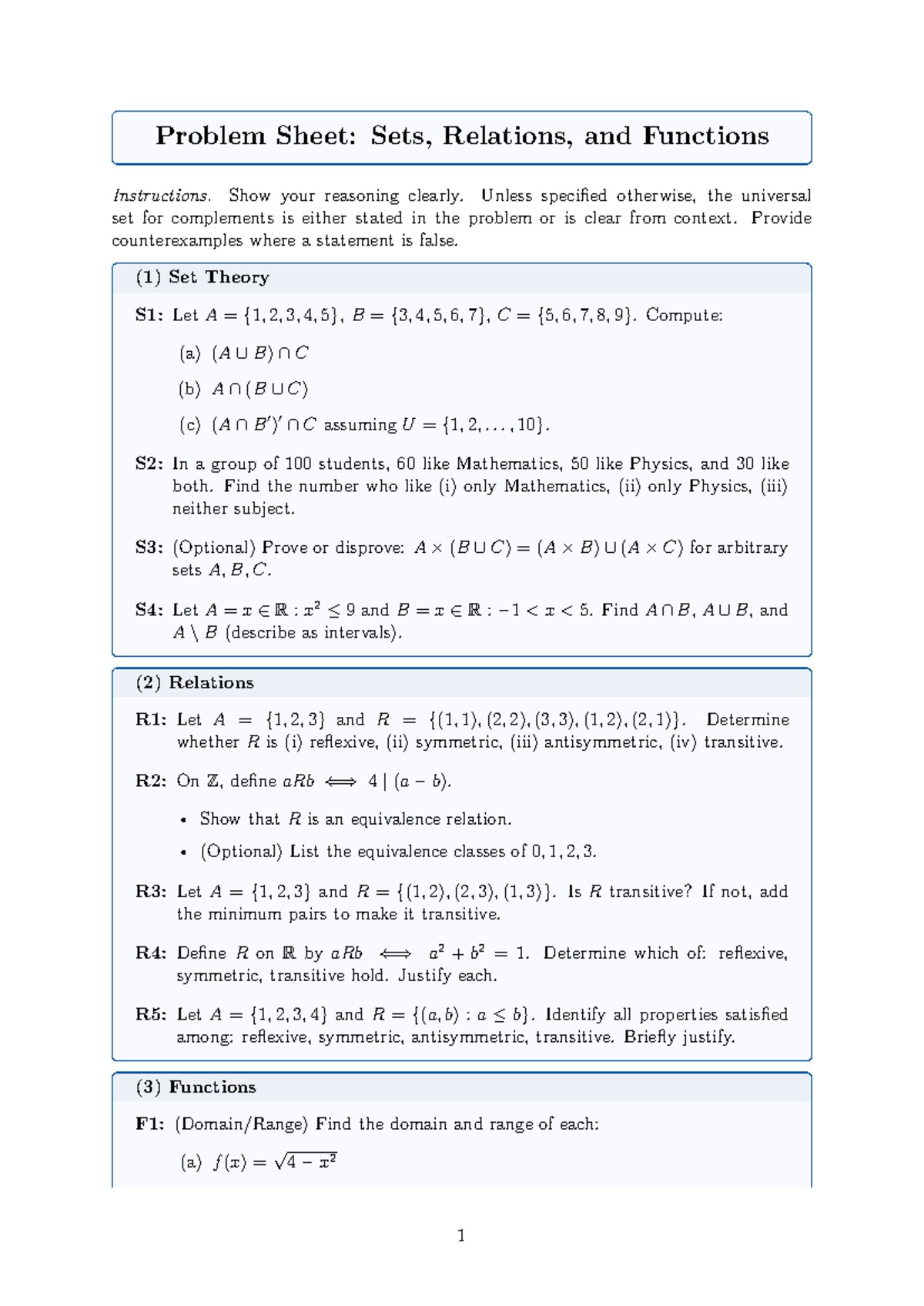 Quiz: Problem Sheet on Sets, Relations, and Functions (S1-S4) - Studocu