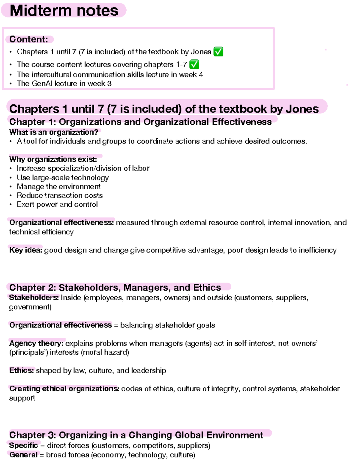 Midterm Notes on Organizational Theory (OS) - Chapters 1-7 - Studeersnel