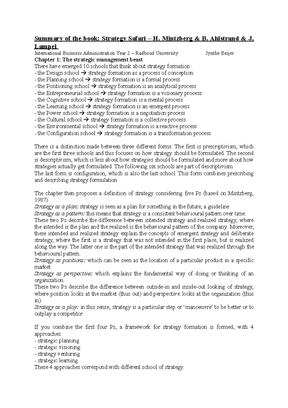 Summary Strategy Process, Content, Contex- An international