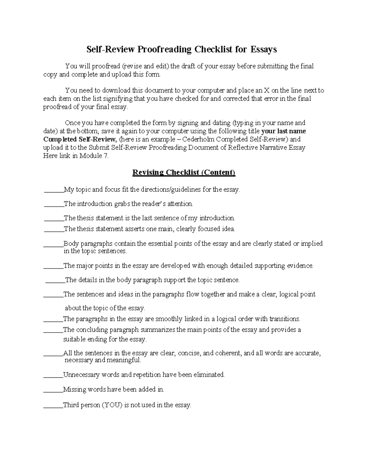 ENG 101 Final Exam Self-Review Proofreading Checklist for Essays - Studocu